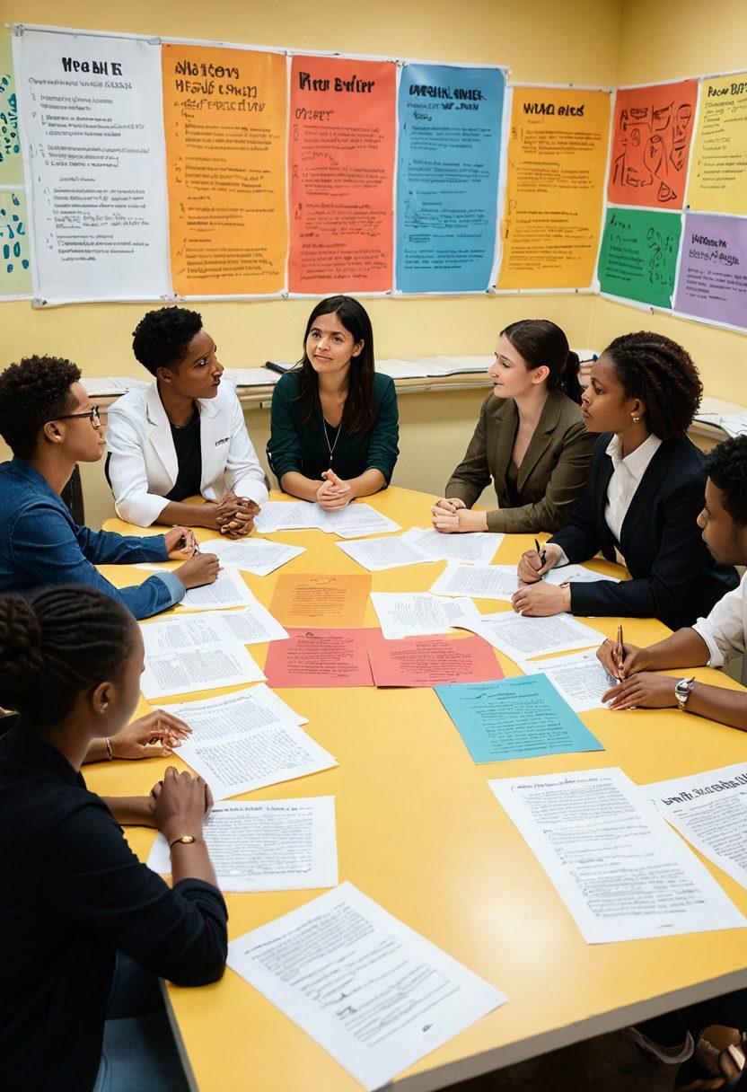 A dynamic scene depicting adult actors engaging in an open and respectful discussion on sexual education, surrounded by a diverse group of attentive learners. The background features vibrant educational posters and props that symbolize openness and growth. Incorporate elements like books, a whiteboard with key terms, and supportive body language to convey a nurturing environment. Include warm lighting to create a welcoming atmosphere. super-realistic. vibrant colors.